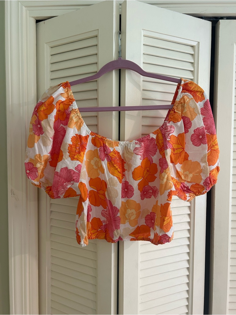 Cynthia Rowley Orange & Pink Floral Puff-Sleeve Crop Top